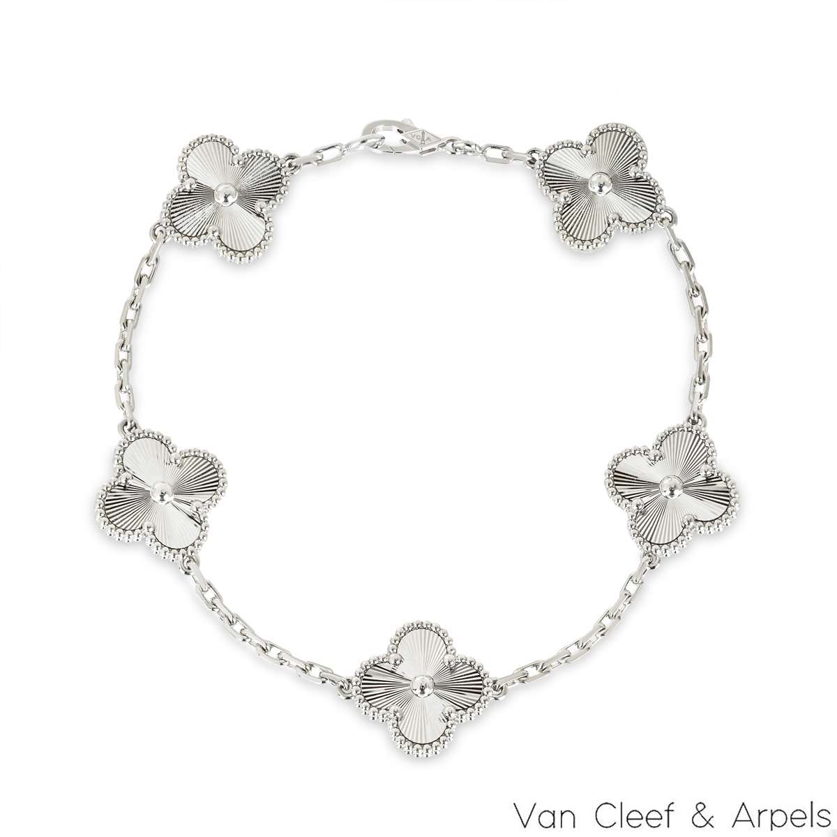 Van Cleef & Arpels White Gold Guilloche Vintage Alhambra 5 Motif Bracelet VCARP9XE00 Van Cleef & Arpels White Gold Guilloche Vintage Alhambra 5 Motif Bracelet VCARP9XE00